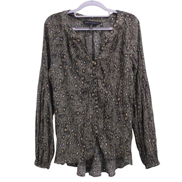 White House Black Market Button Front Long Sleeve Blouse Sz M Green Floral - Picture 1 of 7